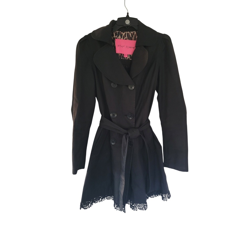 Betsey Johnson Black Lace Trim Trench Coat Leopard Lining Belted Medium Y2K #23